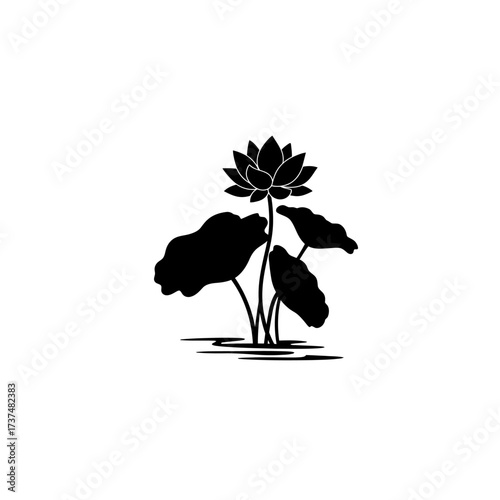Elegant silhouette of a blooming lotus flower with pad and water reflections silhouette flat design vector illustration white background