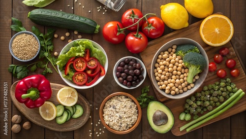 Exploring the vibrant world of balanced nutrition with fresh ingredients for clean eating prepared on a rustic wooden table