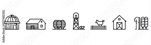 Farm Agriculture Countryside Icons Buildings and Livestock Line Art for Graphic Design Illustration Collection