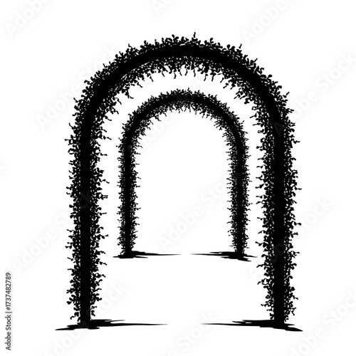 Abstract black archway duo rendered with grungy textured brush strokes creates visual depth silhouette flat design vector illustration white background