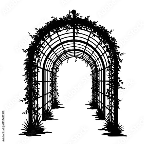 Archway garden trellis covered in lush greenery and vines creating a romantic pathway silhouette flat design vector illustration white background