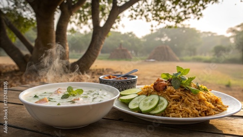 Delicious biryani served with creamy raita on a rustic table under a tree during golden hour