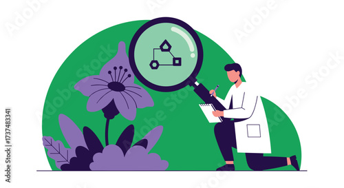 Scientist Examining a Flower with a Magnifying Glass for Research.