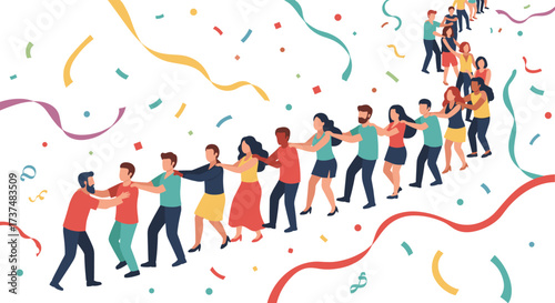 Diverse group of people holding hands in a line celebrating with confetti.