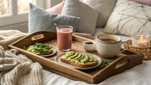 Enjoying a cozy breakfast in bed with fresh avocado toast and smoothie in a peaceful morning setting