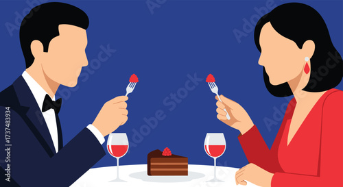 Couple enjoying a romantic dessert date with wine.