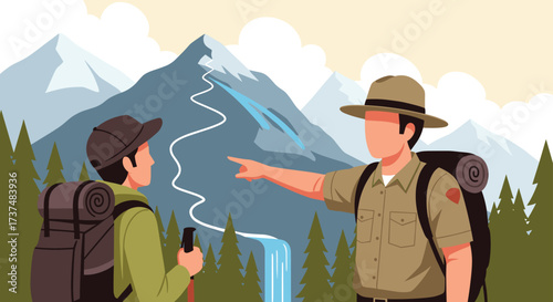 Ranger guiding hiker on mountain trail adventure.