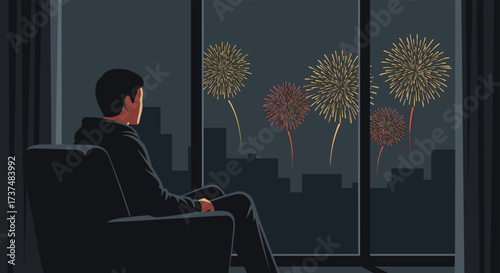 Man watches fireworks from window alone.