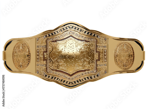 Golden championship belt shimmering with intricate details symbolizing victory and prestige in competitive sports and professional wrestling highlighting excellence