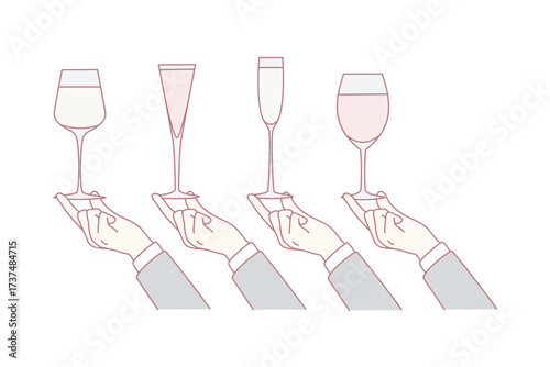 Hands holding diverse glasses with alcoholic beverages. Sommelier tasting alcohol. Party or celebration. Drinks at bar. Flat vector illustration.