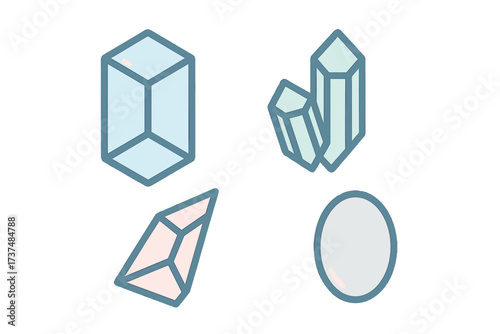 Colorful crystals and gemstones arranged in a neat layout showcasing their unique shapes and forms in a bright setting