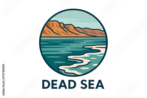 Dead Sea Logo with Salt Formations and Flat Desert Water Horizon
