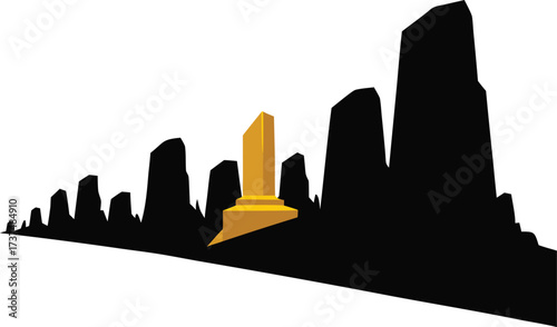 Golden monument amongst silhouetted rock formations minimalist vector art