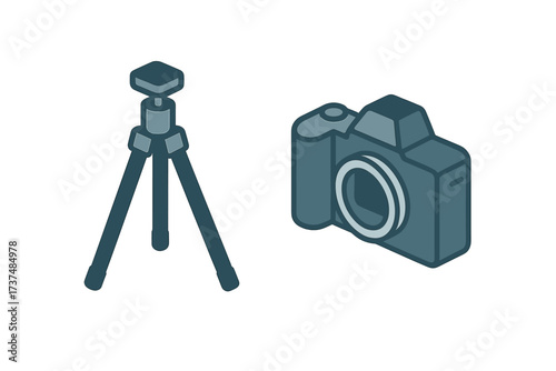 Camera and tripod set ready for outdoor photography session during golden hour