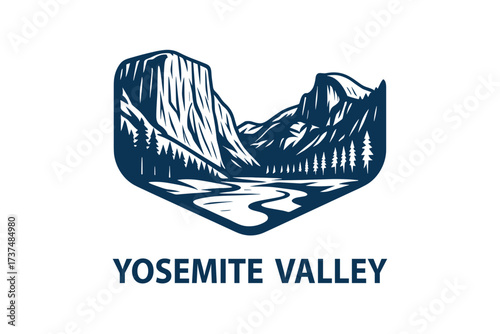 Yosemite Valley Logo with Granite Cliffs, Pine Forest and Merced River Flow