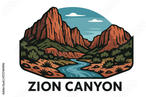 Zion Canyon Logo with Red Cliffs, River Valley and Desert Landscape