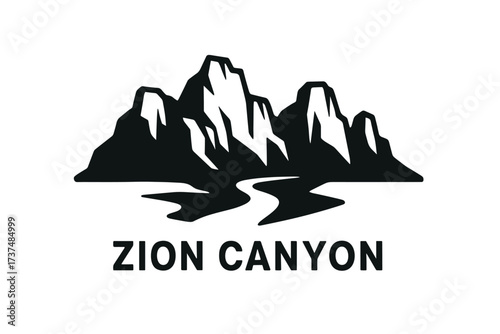 Zion Canyon Logo with Red Cliffs, River Valley and Desert Landscape