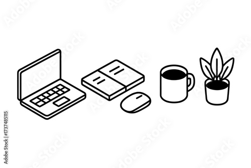 Workspace setup with laptop, notebooks, coffee mug, and plant on a clean desk