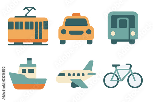 Various modes of transportation illustrated in playful design featuring bus, taxi, tram, bicycle, airplane, and boat