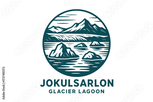 Jokulsarlon Lagoon Logo with Floating Icebergs and Volcanic Glacier Mountains