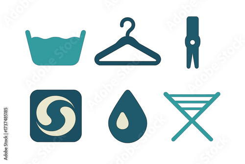 Laundry symbols and tools used for washing clothes and drying at home for efficient care