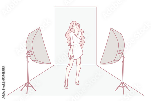Woman model shooting with lights in studio for advertising. Smiling female have photoshoot posing for fashion campaign. Flat vector illustration.