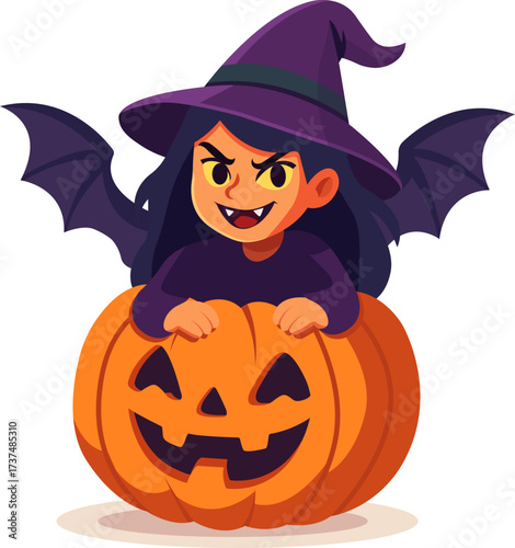 Vector illustration of a mischievous witch girl with bat wings hiding inside a carved pumpkin. Playful Halloween character design with fantasy and spooky atmosphere.