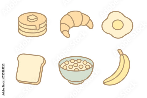 Breakfast items arranged neatly featuring pancakes, croissants, eggs, toast, cereal, and bananas