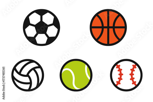 Various sports balls displayed in simple, colorful designs on a white background showcasing soccer, basketball, volleyball, tennis, and baseball