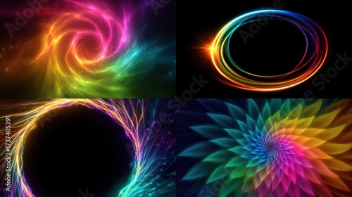 Vivid, abstract digital art displaying colorful, glowing shapes spiral, rings, floral, arcs, & bursts, all on black