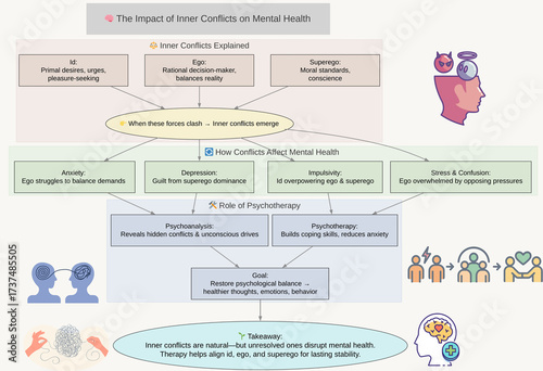 The Impact of Inner Conflicts on Mental Health – Id, Ego, Superego Balance and Psychotherapy Concept