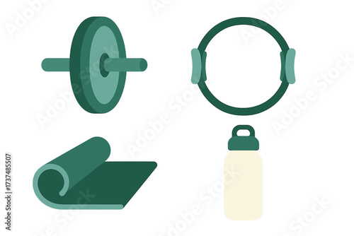 Fitness equipment including weights, exercise ring, yoga mat, and water bottle for home workouts and gym use