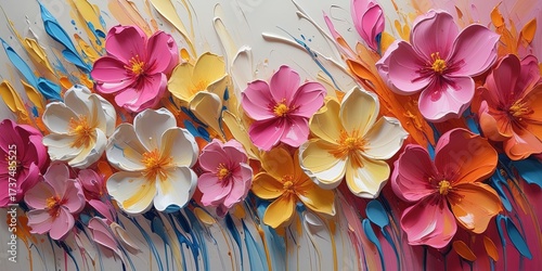 Colorful banner abstract flowers in oil impasto on canvas with bold, textured strokes. Wallart, wallpaper
