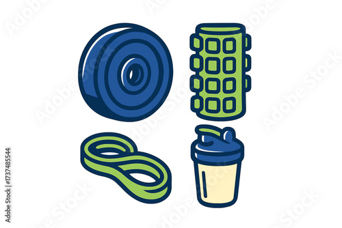 Fitness equipment including a foam roller, resistance band, weight plate, and shaker cup for workout routine