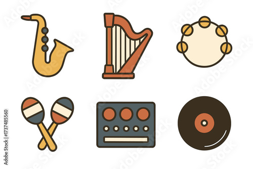 Colorful music icons featuring a saxophone, harp, tambourine, maracas, sound mixer, and vinyl record on a white background