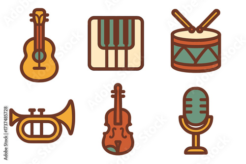 Musical instruments illustrated in a colorful and simple style showcasing diversity in music