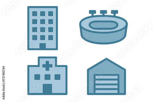 Cityscape icons representing various buildings like a hospital, stadium, and warehouse in a simple, modern design