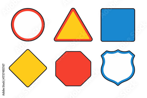 Traffic signs in various shapes and colors indicating different regulations and warnings for drivers