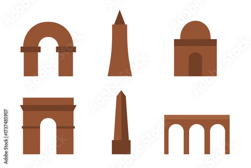 Unique geometric representations of historic monuments in warm brown tones showcasing architectural diversity and cultural significance
