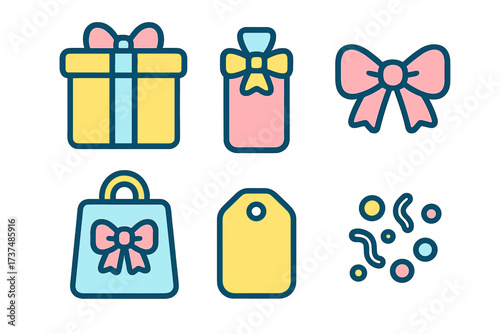 Colorful gift items and decorations for celebration and special occasions with bows and tags
