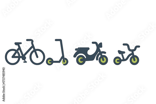 Different types of personal transportation options including bicycles, scooters, and electric bikes for urban commuting