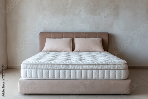 A bed with beige headboard and mattress, with two pillows, against a textured wall