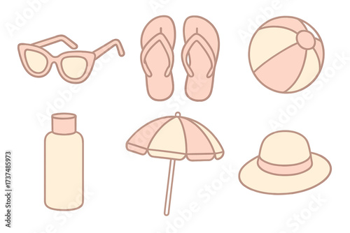 Summer vacation essentials including sunglasses, flip flops, beach ball, sunblock, umbrella, and hat on a light background