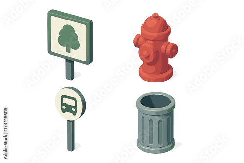 Colorful 3D illustrations of urban objects like traffic signs, a fire hydrant, and trash can in a modern design