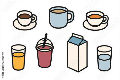 Different types of beverages displayed with cups, glasses, and a carton showing various drinks in a simple and colorful style
