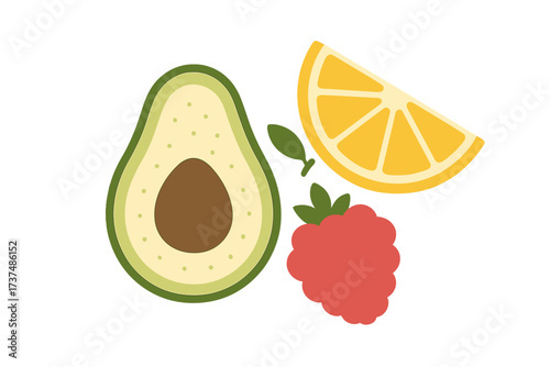 Freshly sliced avocado, lemon, and raspberry on a plain background creating a vibrant fruit display