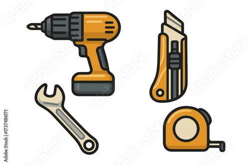 Tools for home improvement featuring a drill, utility knife, adjustable wrench, and measuring tape on a plain background