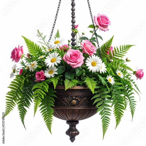 Hanging basket with pink roses, daisies, and green ferns