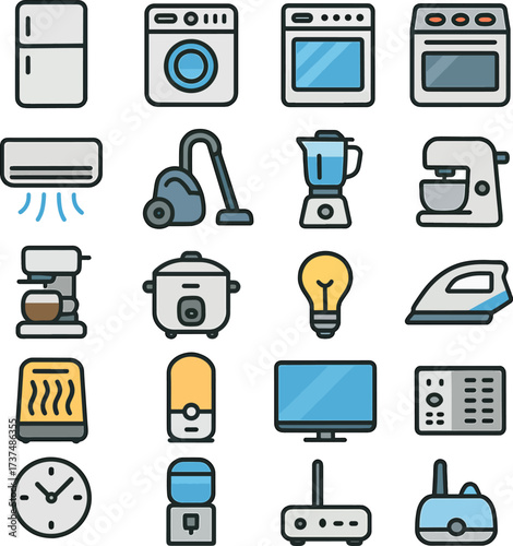 Home appliances and electronics icons for household and kitchen