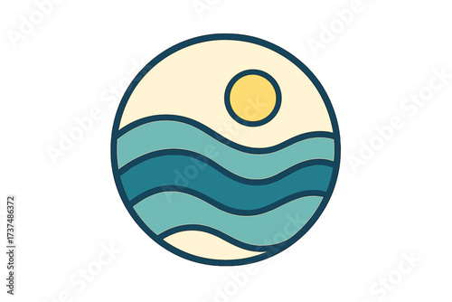 Simple design of waves and sun in a circular shape for a calming summer vibe